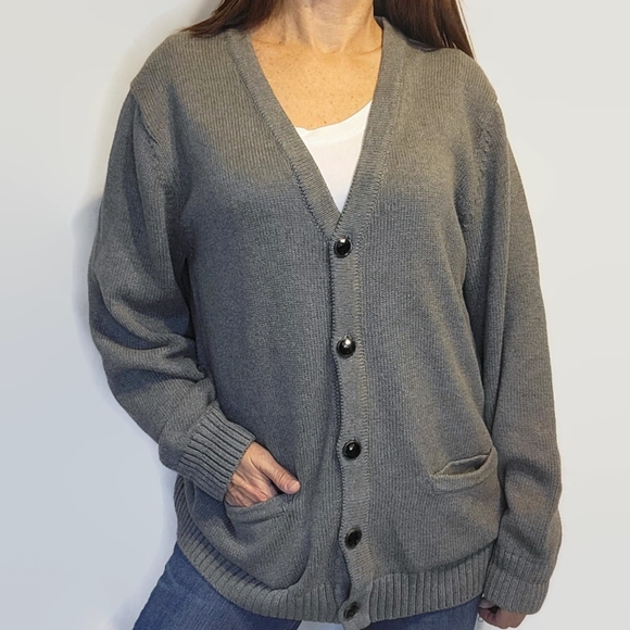 L.L. Bean Gray Grandpa V-Neck Cardigan Sweater size Large - Picture 3 of 16